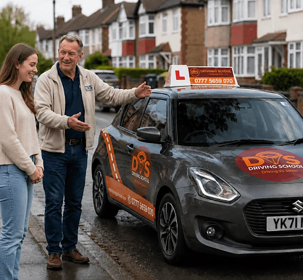 DVS Driving School instructor and learner beside a branded driving lesson car in Leeds